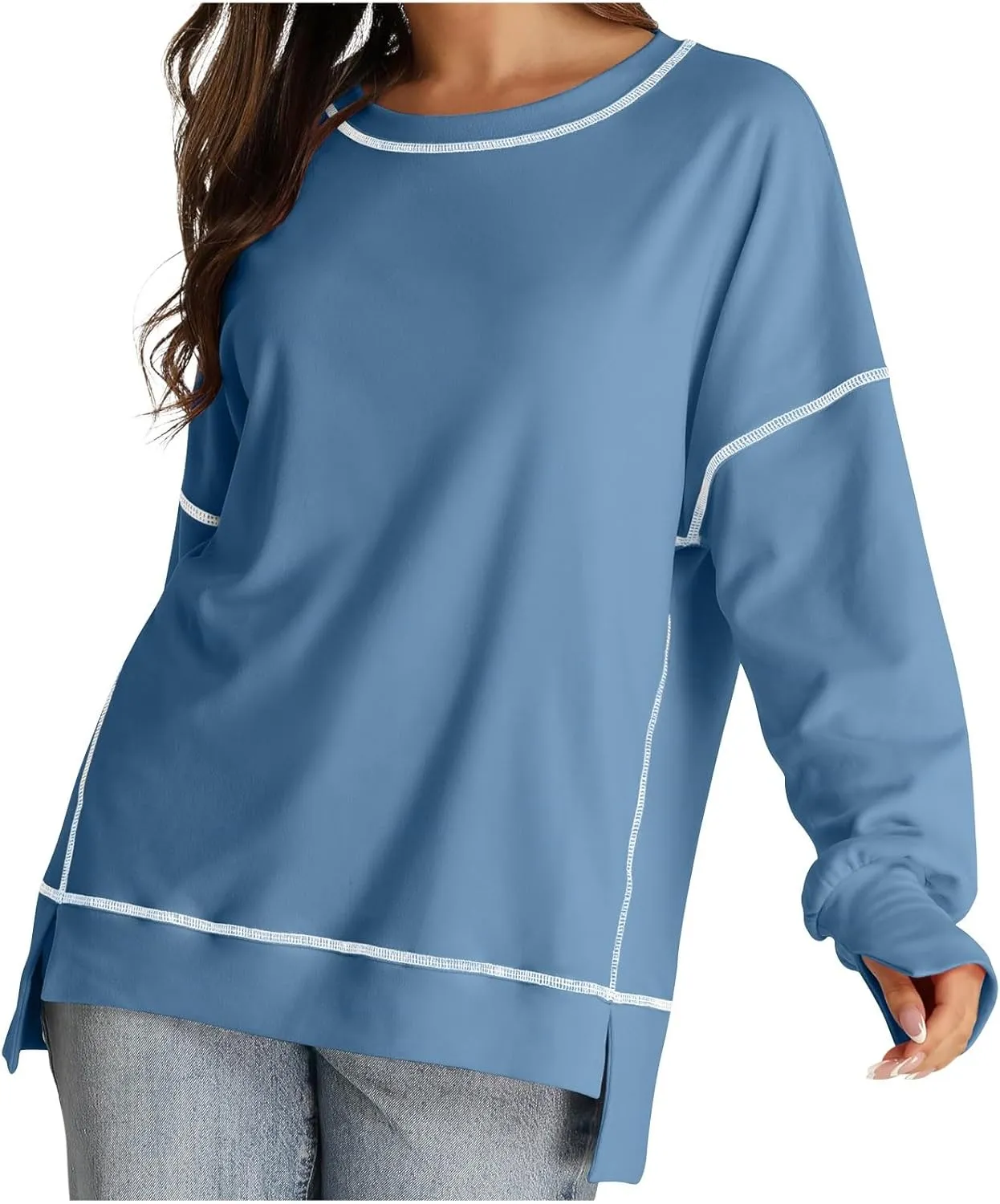 Fall Sweatshirts For Women Trendy 2024 Oversized Long Sleeve Crewneck Pullover Tops Side Slit Slouchy Sweatshirt
