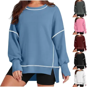 Fall Sweatshirts For Women Trendy 2024 Oversized Long Sleeve Crewneck Pullover Tops Side Slit Slouchy Sweatshirt