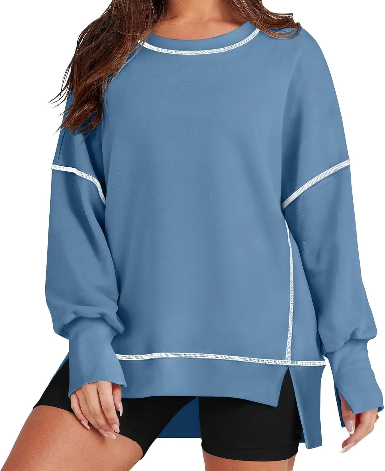 Fall Sweatshirts For Women Trendy 2024 Oversized Long Sleeve Crewneck Pullover Tops Side Slit Slouchy Sweatshirt
