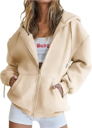 fartey Zip Up Hoodie Women Oversized Long Sleeve Sweatshirts Teen Girl Y2K Clothes Casual Drawstring Jackets With Pockets
