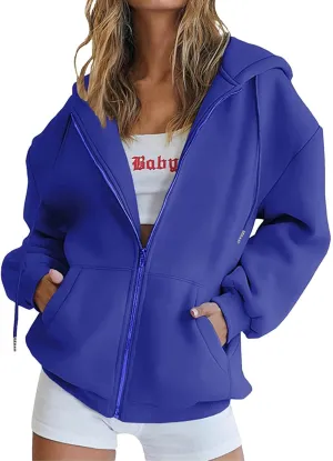 fartey Zip Up Hoodie Women Oversized Long Sleeve Sweatshirts Teen Girl Y2K Clothes Casual Drawstring Jackets With Pockets