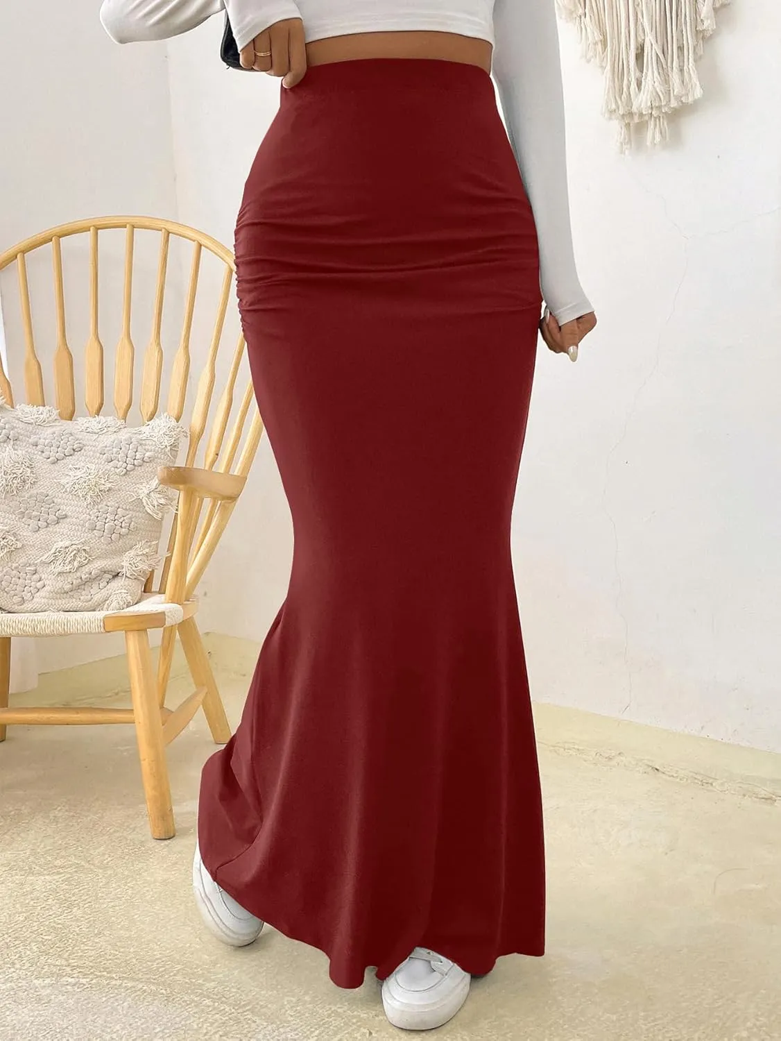 Fashionable Skirt - Pure Color Fish Tail Midi Skirt with Elastic Waist and Pleated Details