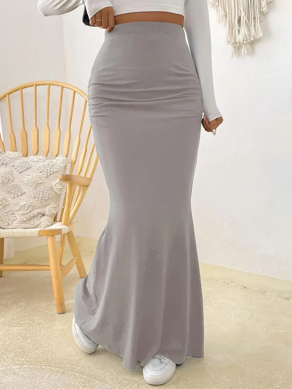 Fashionable Skirt - Pure Color Fish Tail Midi Skirt with Elastic Waist and Pleated Details
