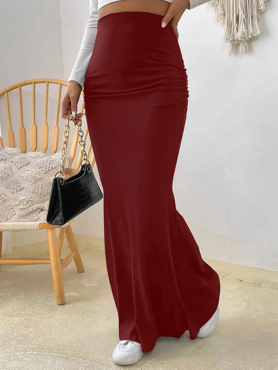 Fashionable Skirt - Pure Color Fish Tail Midi Skirt with Elastic Waist and Pleated Details