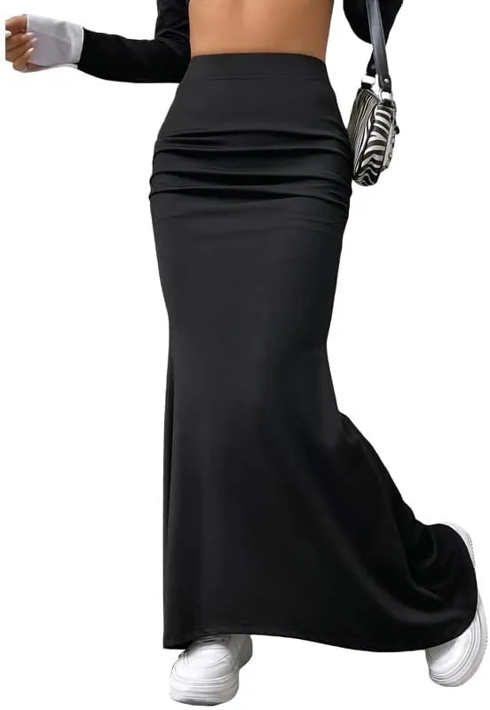 Fashionable Skirt - Pure Color Fish Tail Midi Skirt with Elastic Waist and Pleated Details
