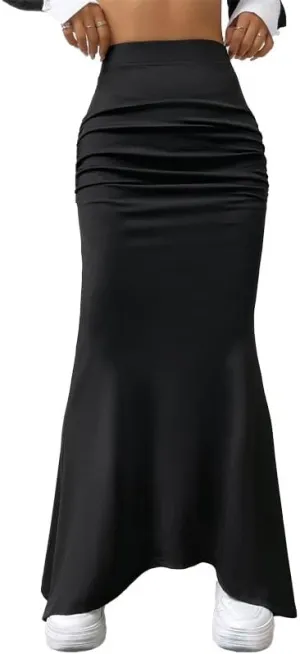 Fashionable Skirt - Pure Color Fish Tail Midi Skirt with Elastic Waist and Pleated Details