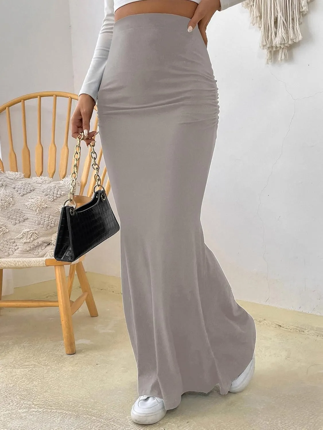 Fashionable Skirt - Pure Color Fish Tail Midi Skirt with Elastic Waist and Pleated Details
