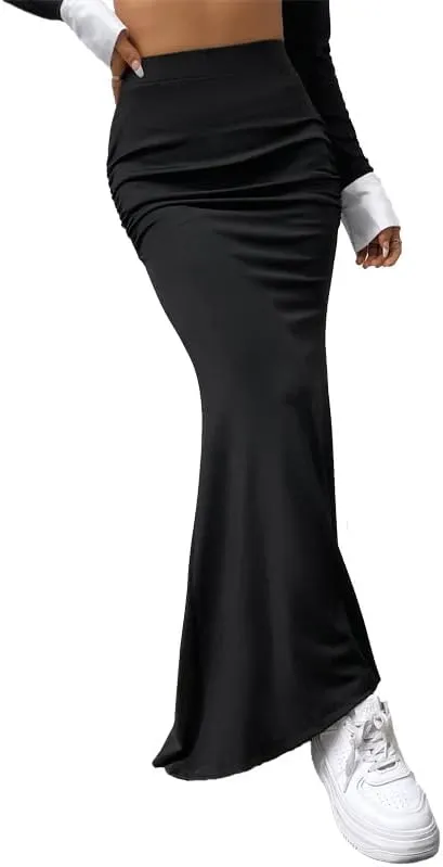 Fashionable Skirt - Pure Color Fish Tail Midi Skirt with Elastic Waist and Pleated Details