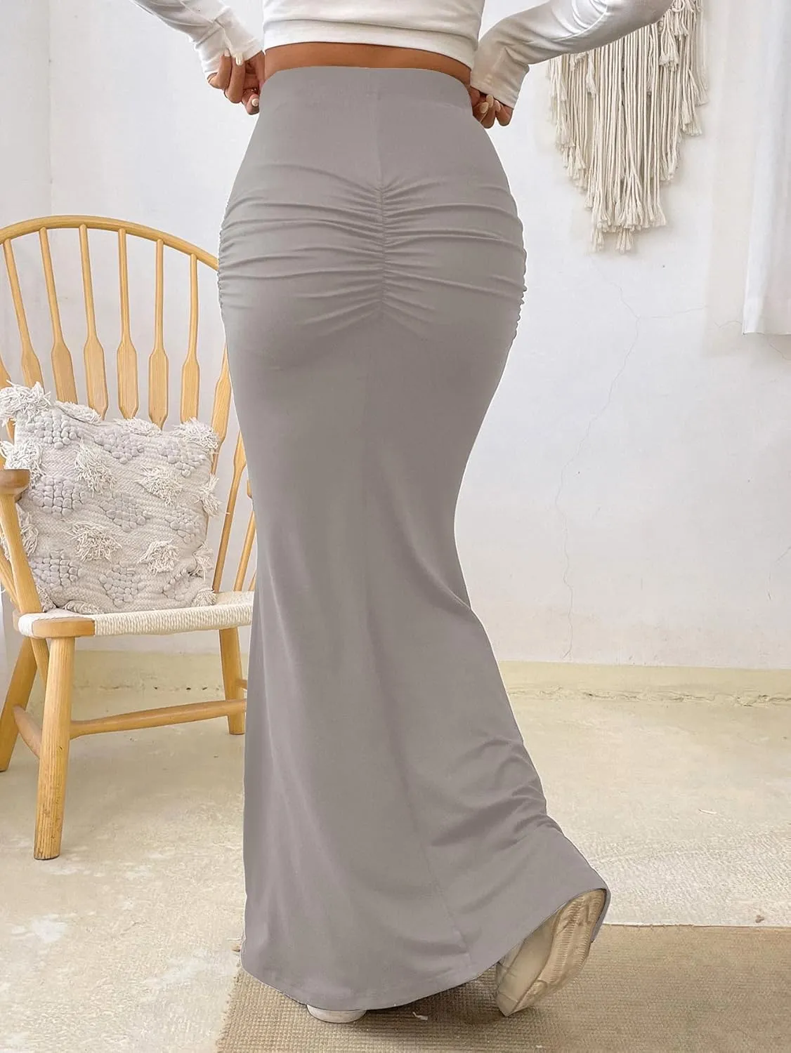 Fashionable Skirt - Pure Color Fish Tail Midi Skirt with Elastic Waist and Pleated Details