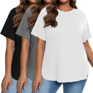 Ficerd 3 Pack Plus Size Tops for Women Casual Crewneck Raglan Sleeve Loose Tunic Tee Summer Basic Workout T Shirts XL-5XL
