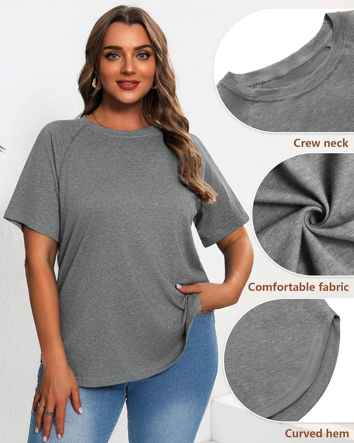 Ficerd 3 Pack Plus Size Tops for Women Casual Crewneck Raglan Sleeve Loose Tunic Tee Summer Basic Workout T Shirts XL-5XL