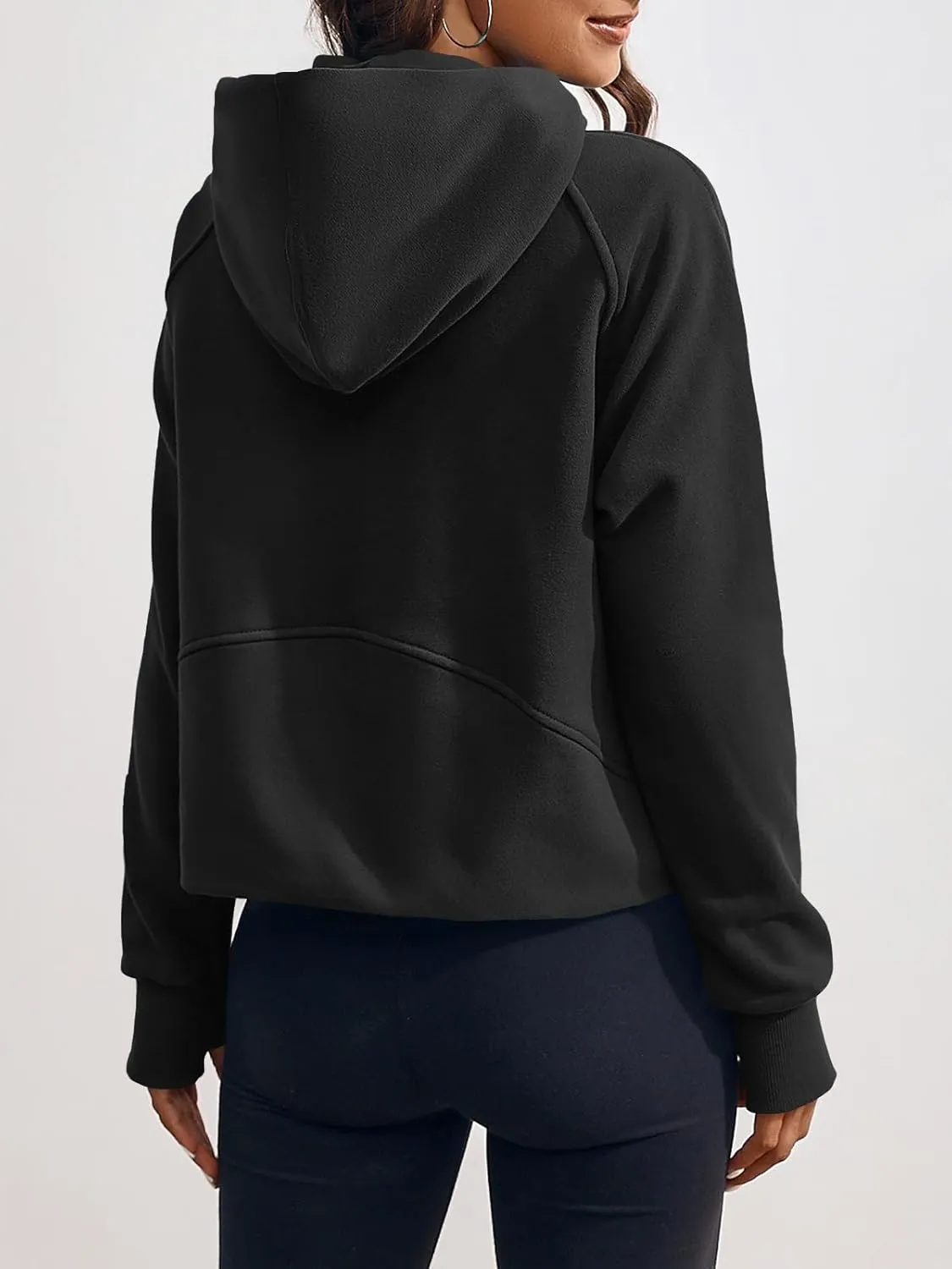 Fisoew Womens Zip Up Sweatshirts Fleece Lined Collar Crop Hoodie Casual Cotton Long Sleeve Tops with Thumb Hole