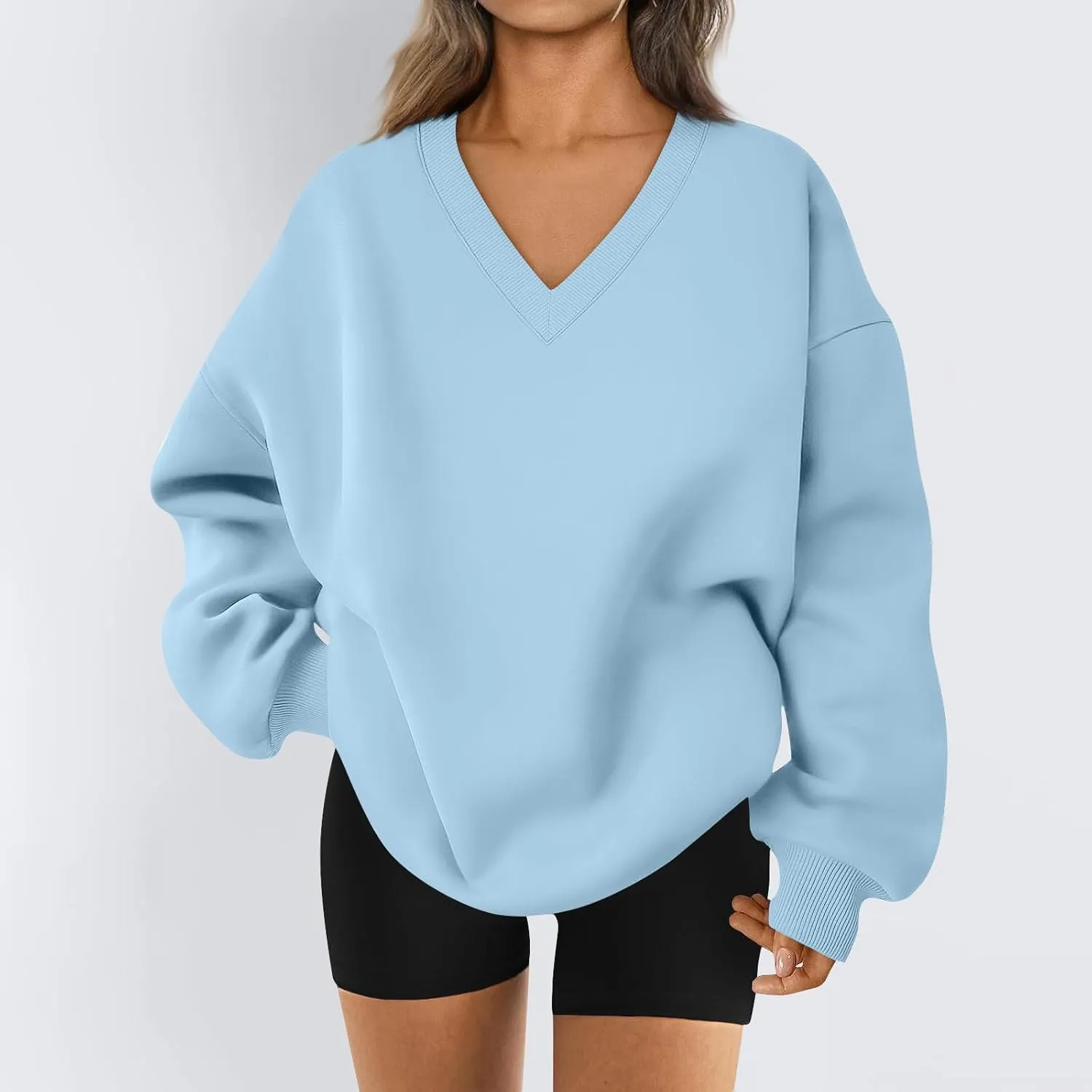 Fleece V Neck Sweatshirt Women Plain Drop Shoulder Oversized Sweatshirts Casual Baggy Comfy Soft Cotton Pullover Tops