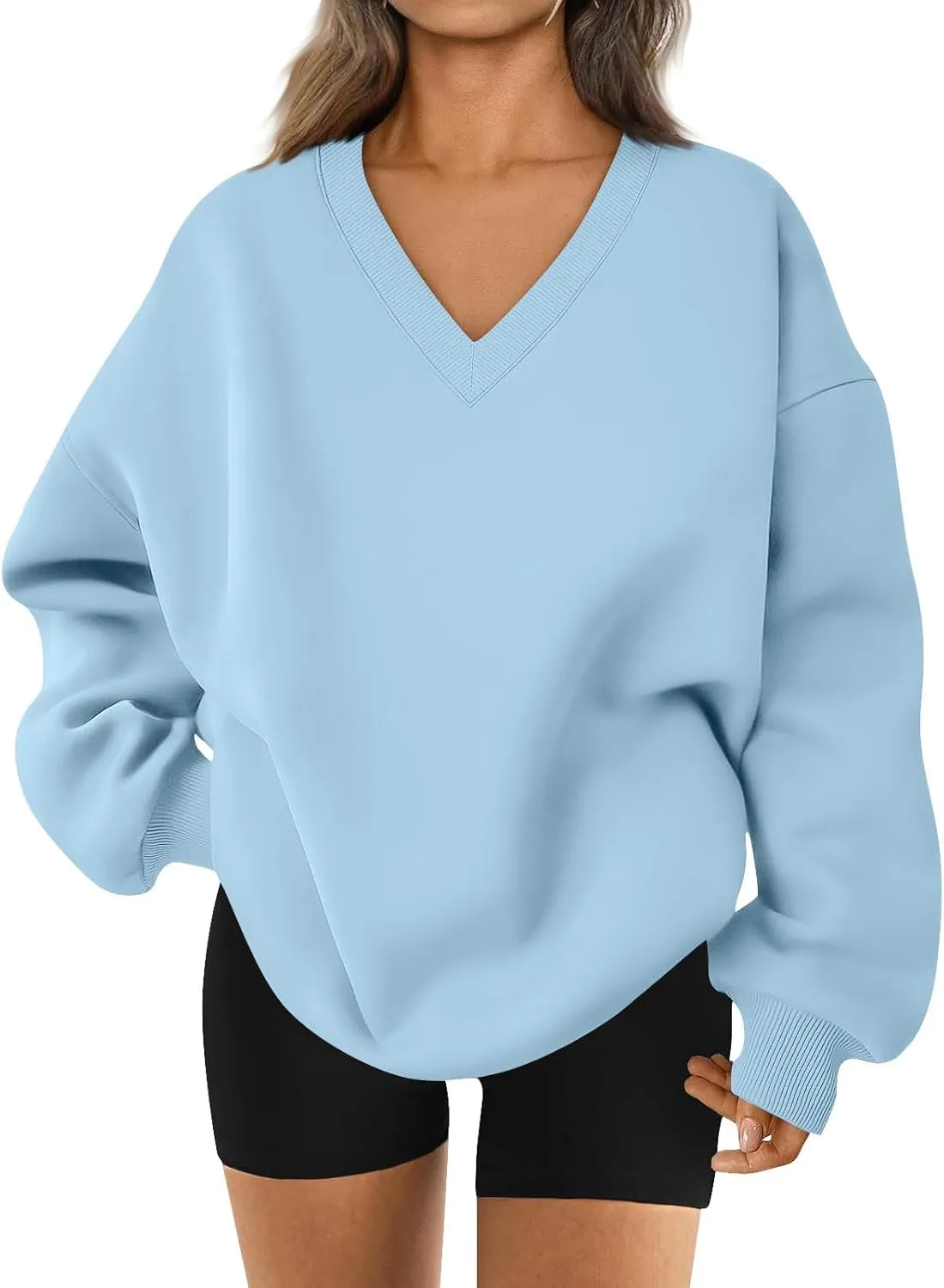 Fleece V Neck Sweatshirt Women Plain Drop Shoulder Oversized Sweatshirts Casual Baggy Comfy Soft Cotton Pullover Tops