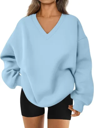 Fleece V Neck Sweatshirt Women Plain Drop Shoulder Oversized Sweatshirts Casual Baggy Comfy Soft Cotton Pullover Tops