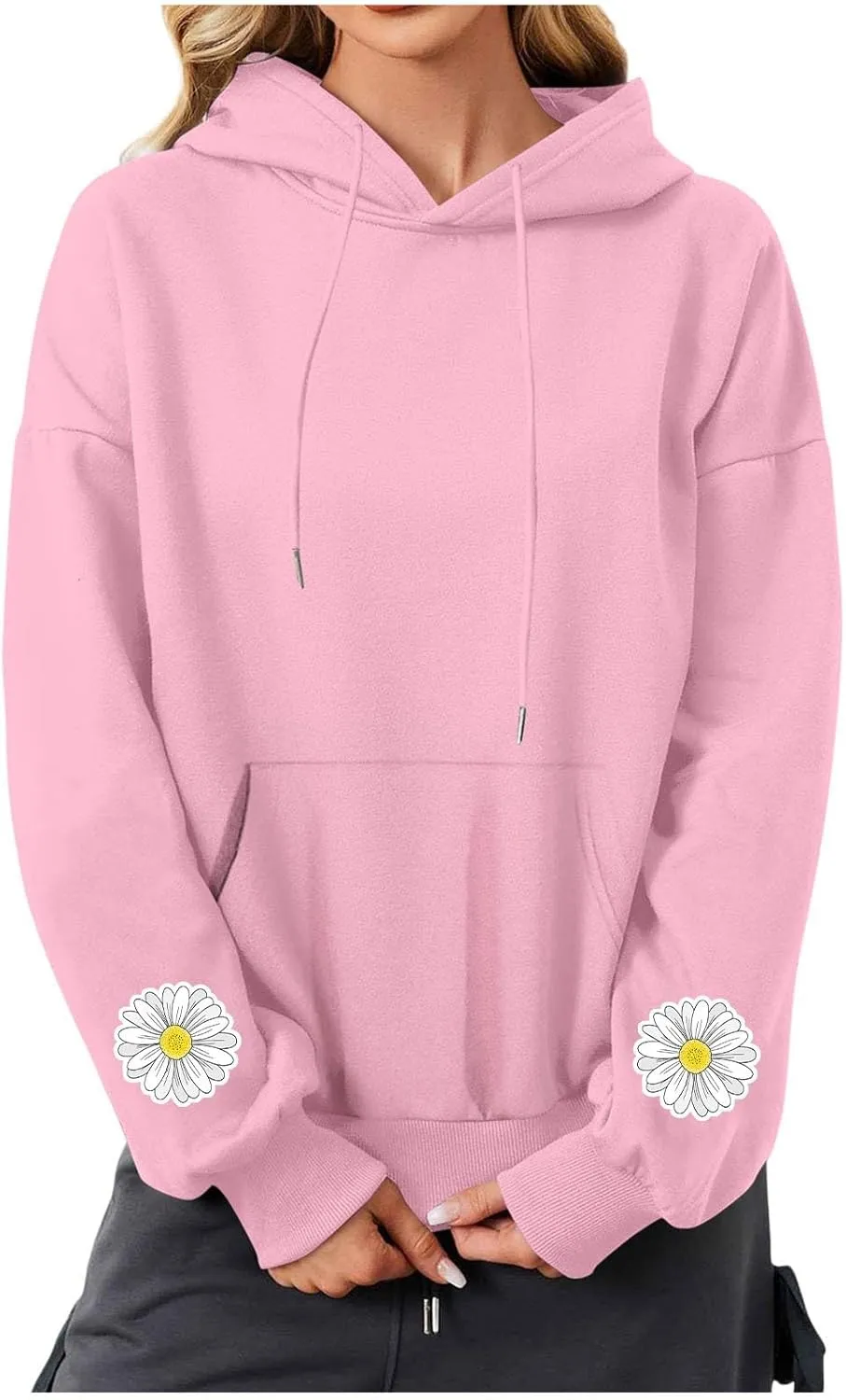 Floral Daisy Print Hoodie Women Oversized Casual Pullover Pocket Long Sleeve Sweatshirt Lounge Outfits