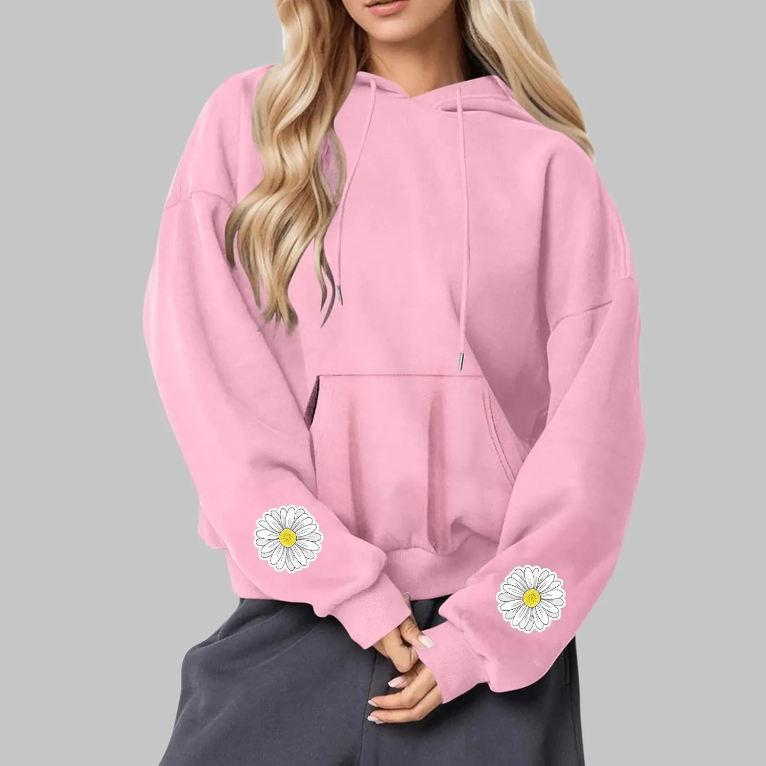 Floral Daisy Print Hoodie Women Oversized Casual Pullover Pocket Long Sleeve Sweatshirt Lounge Outfits