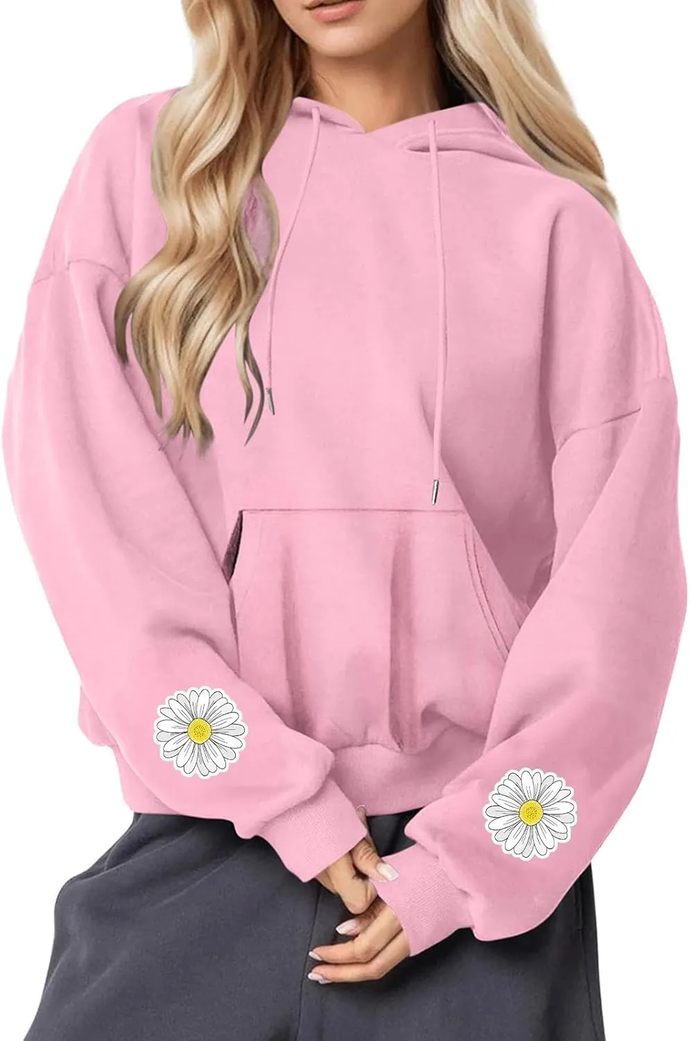 Floral Daisy Print Hoodie Women Oversized Casual Pullover Pocket Long Sleeve Sweatshirt Lounge Outfits