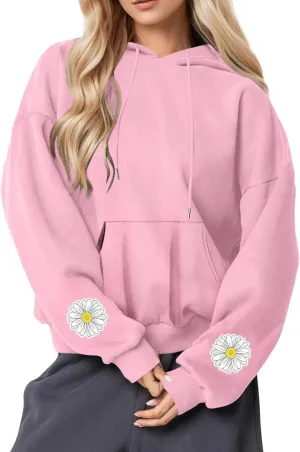 Floral Daisy Print Hoodie Women Oversized Casual Pullover Pocket Long Sleeve Sweatshirt Lounge Outfits