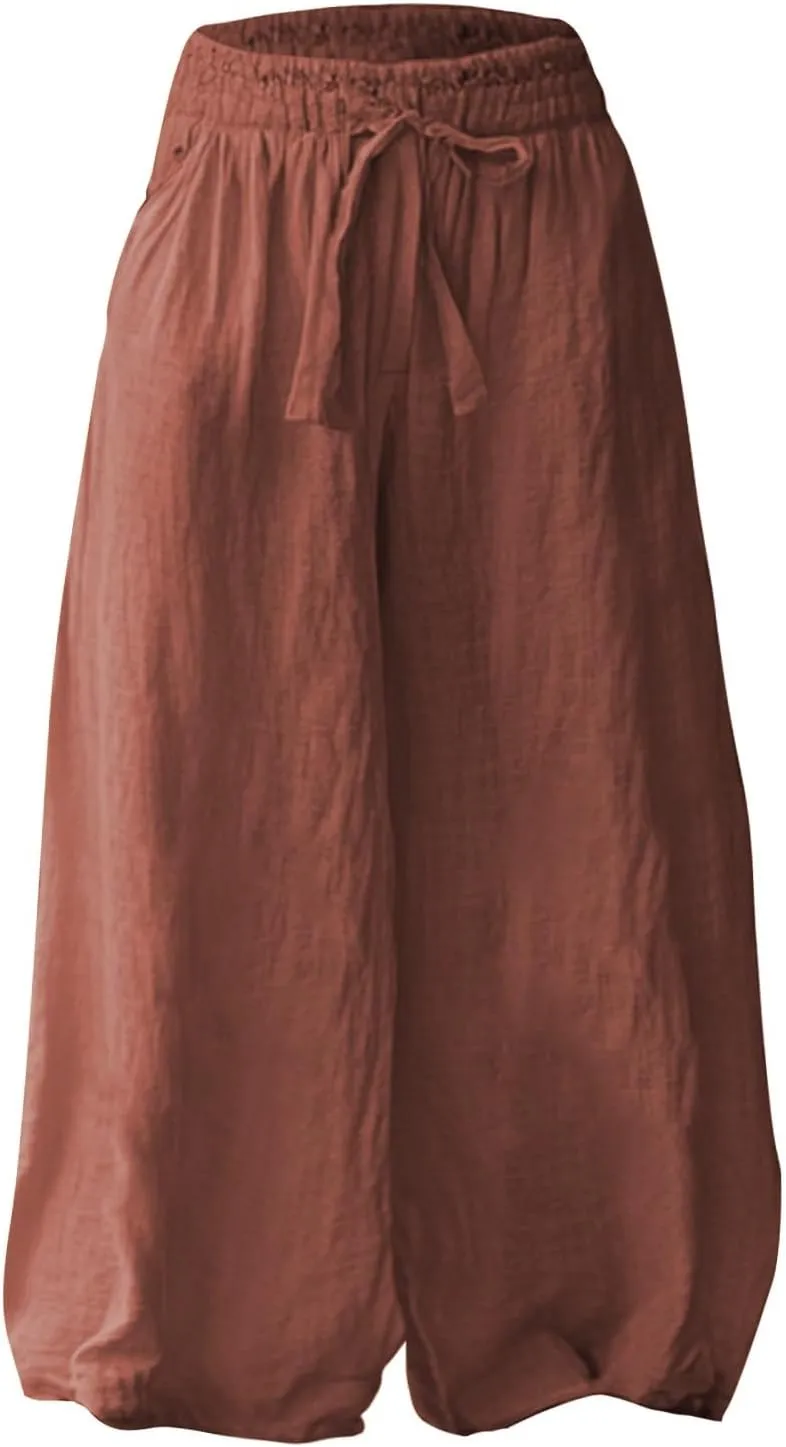 Flowy Pants for Women Baggy High Waist Drawsting Linen Palazzo Trouser Boho Floral Embroidered Wide Leg Beach Bottoms