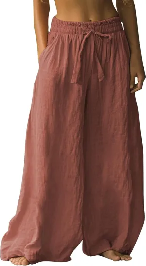 Flowy Pants for Women Baggy High Waist Drawsting Linen Palazzo Trouser Boho Floral Embroidered Wide Leg Beach Bottoms