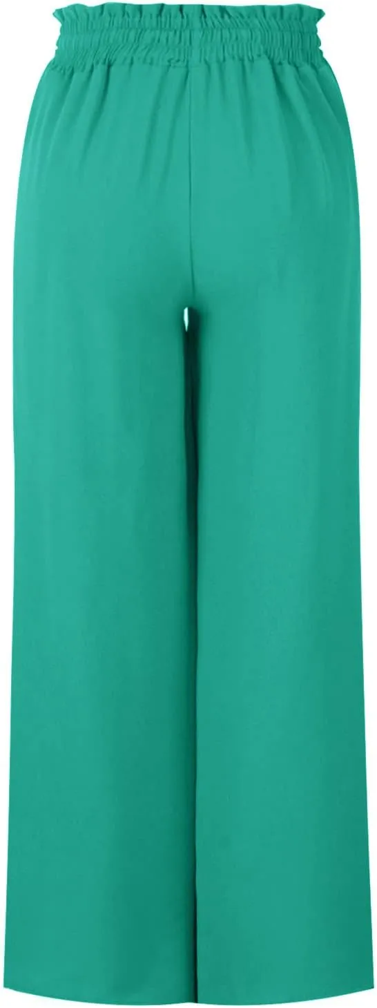 Flowy Wide Leg Pants for Women Ladies Elastic High Waist Palazzo Pants Solid Casual Beach Trousers Pocket Long Pant