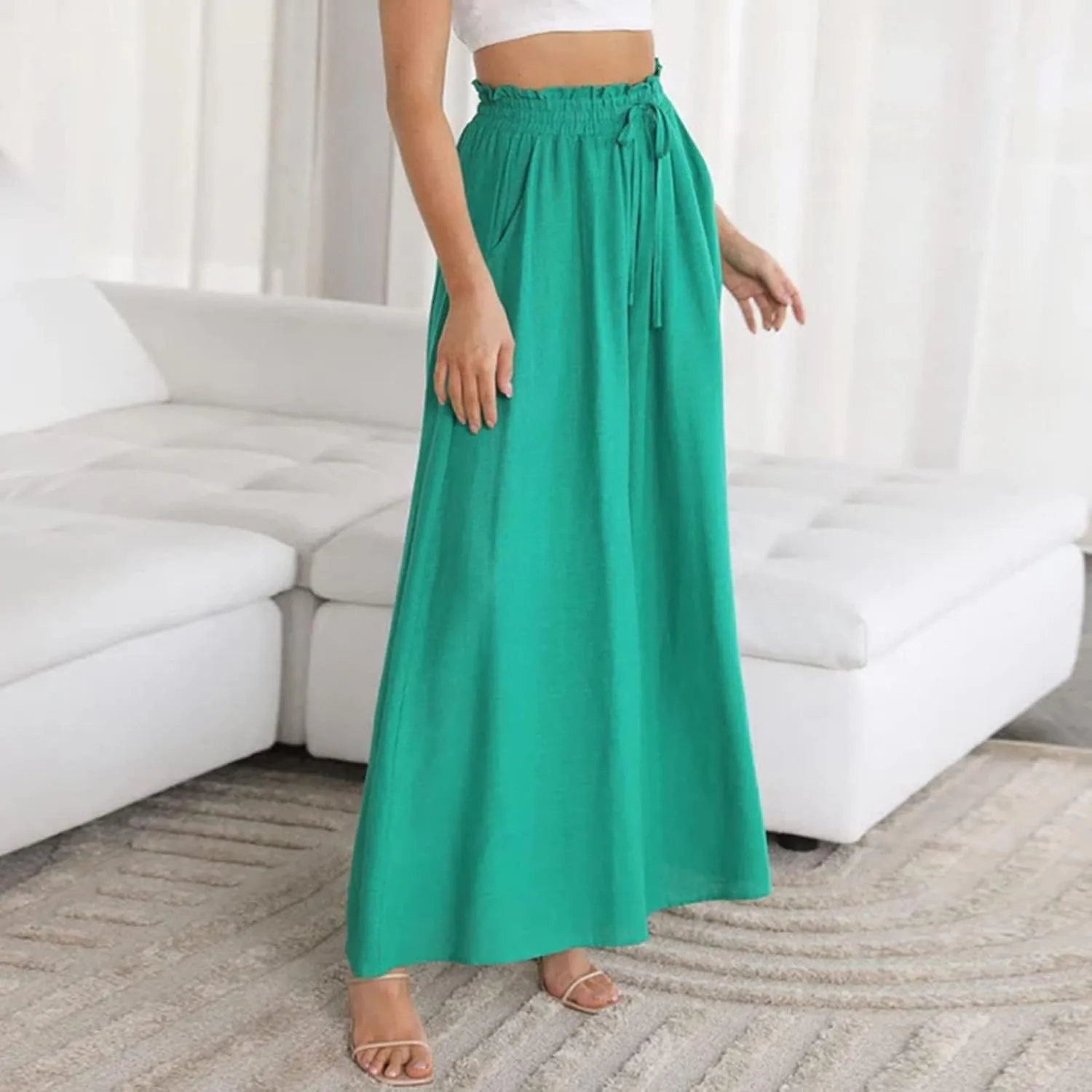 Flowy Wide Leg Pants for Women Ladies Elastic High Waist Palazzo Pants Solid Casual Beach Trousers Pocket Long Pant
