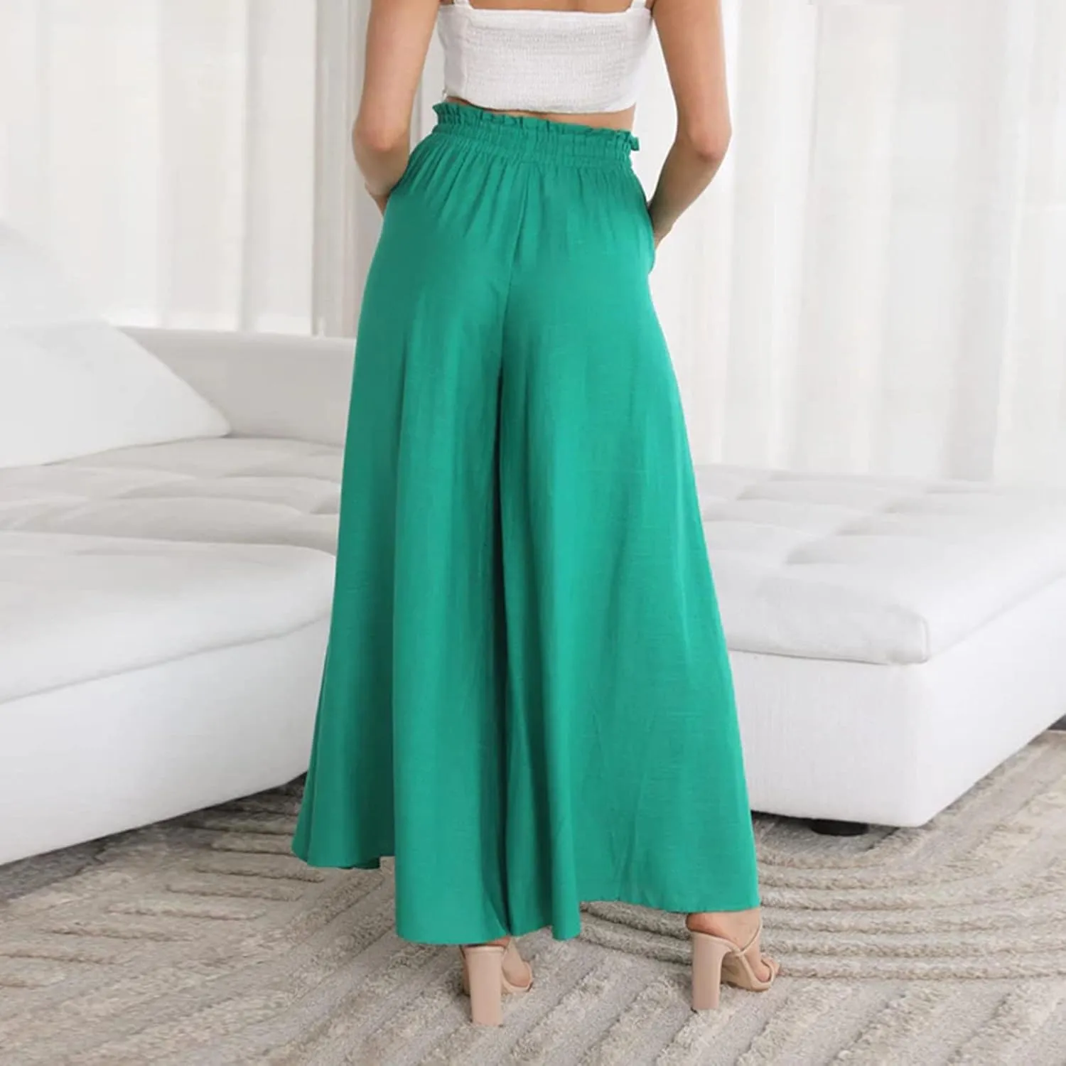 Flowy Wide Leg Pants for Women Ladies Elastic High Waist Palazzo Pants Solid Casual Beach Trousers Pocket Long Pant