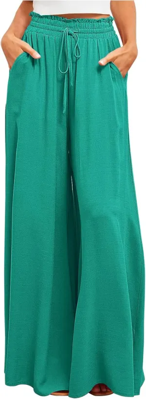 Flowy Wide Leg Pants for Women Ladies Elastic High Waist Palazzo Pants Solid Casual Beach Trousers Pocket Long Pant