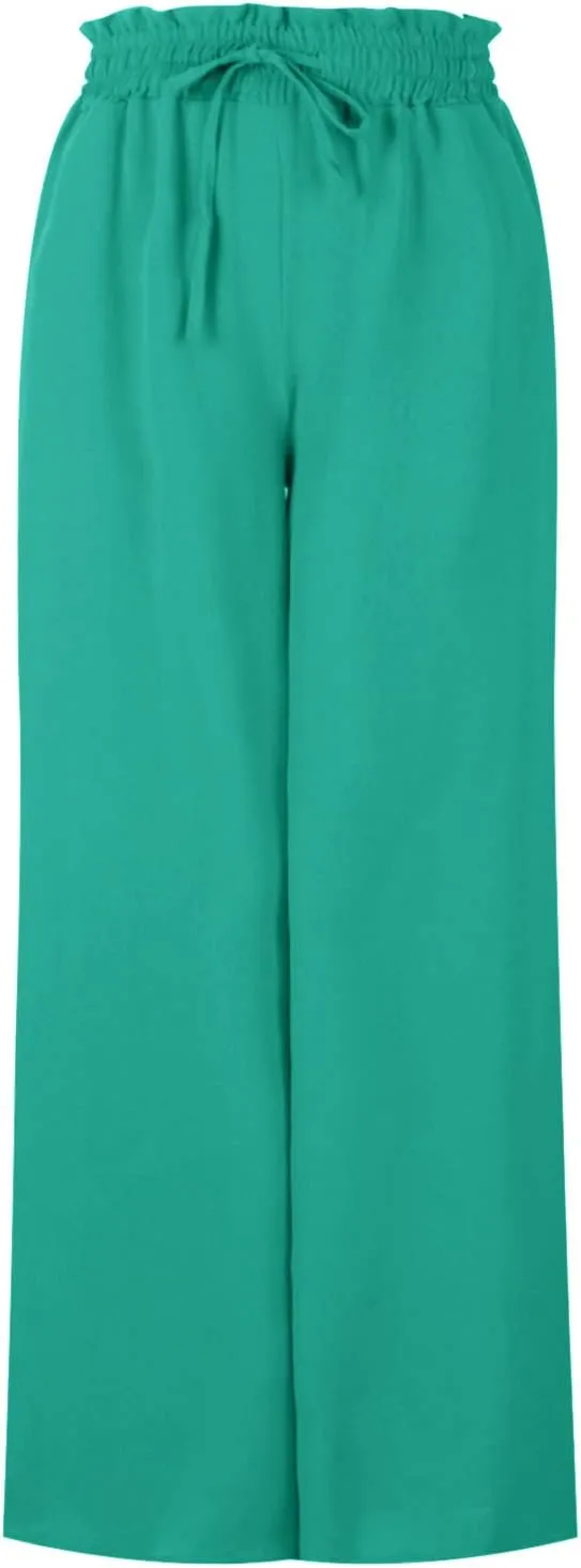 Flowy Wide Leg Pants for Women Ladies Elastic High Waist Palazzo Pants Solid Casual Beach Trousers Pocket Long Pant