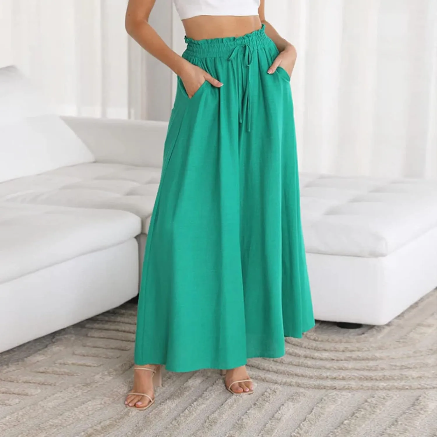 Flowy Wide Leg Pants for Women Ladies Elastic High Waist Palazzo Pants Solid Casual Beach Trousers Pocket Long Pant