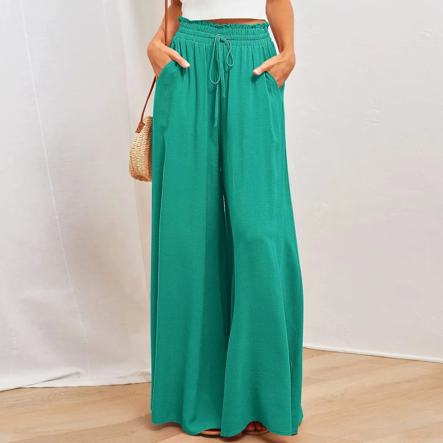 Flowy Wide Leg Pants for Women Ladies Elastic High Waist Palazzo Pants Solid Casual Beach Trousers Pocket Long Pant