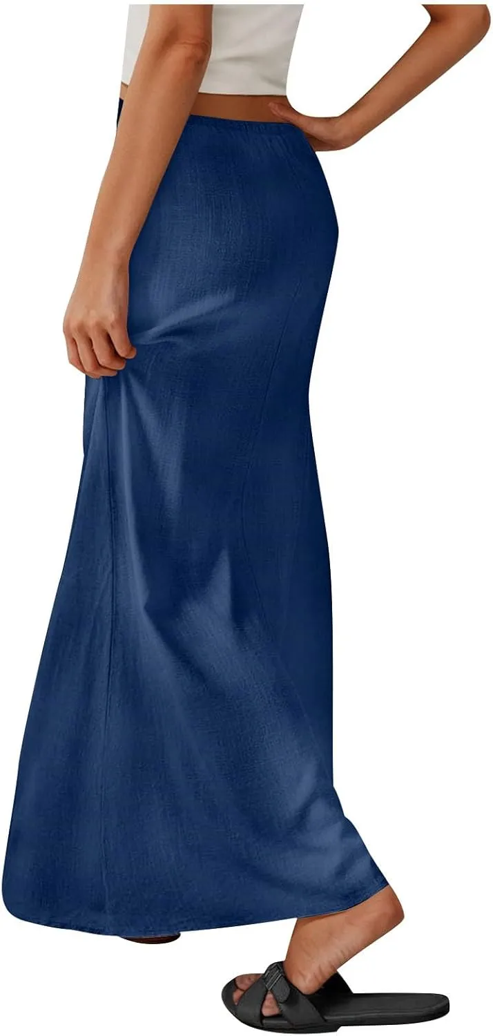 for Women Linen Maxi Long Midi Knee High Slim Tunic Boho Ruched Low Rise Basic Skirts Women 2025