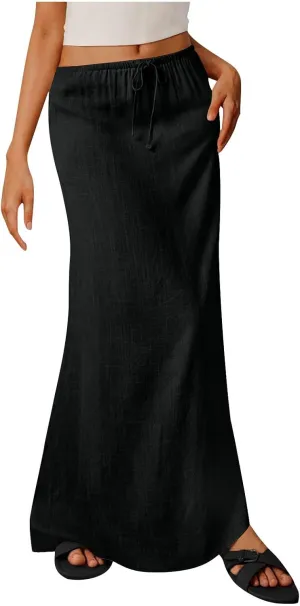 for Women Linen Maxi Long Midi Knee High Slim Tunic Boho Ruched Low Rise Basic Skirts Women 2025