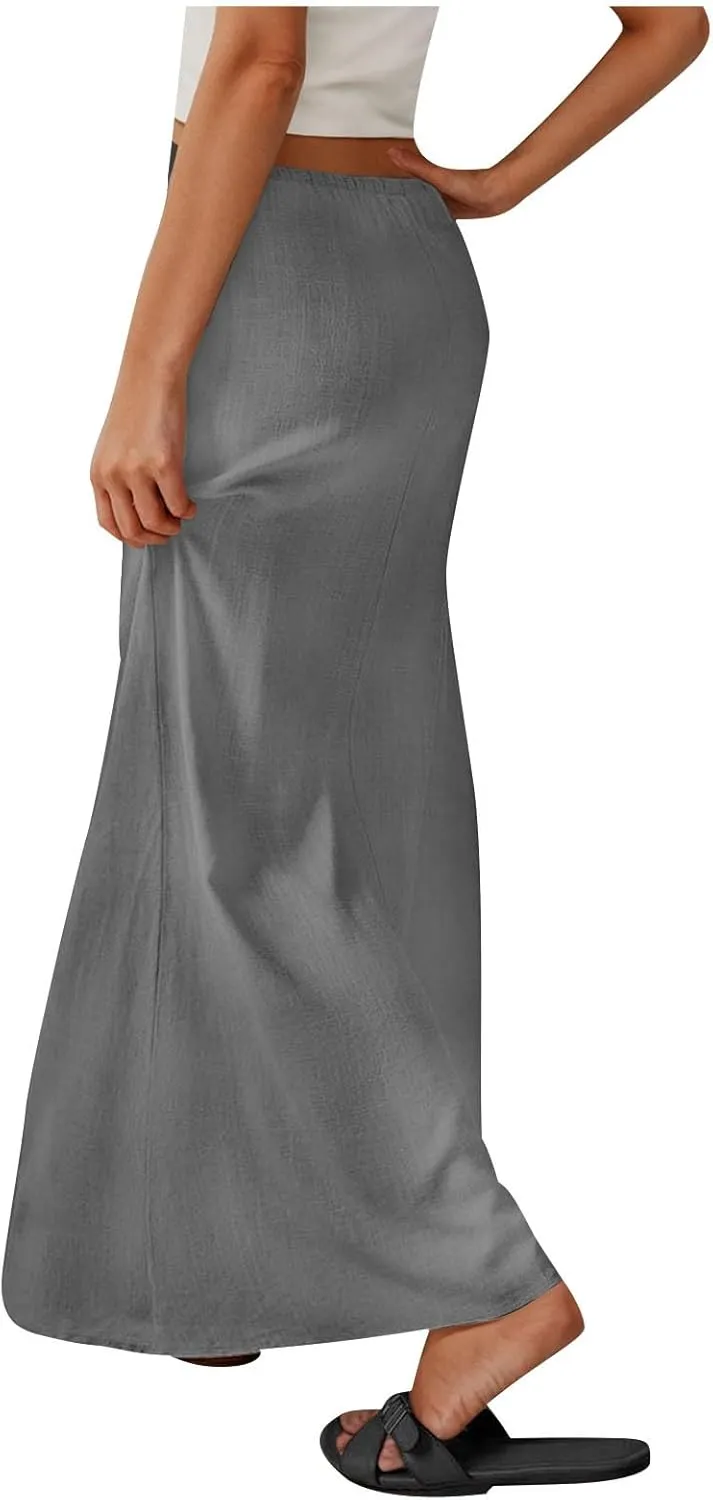 for Women Linen Maxi Long Midi Knee High Slim Tunic Boho Ruched Low Rise Basic Skirts Women 2025