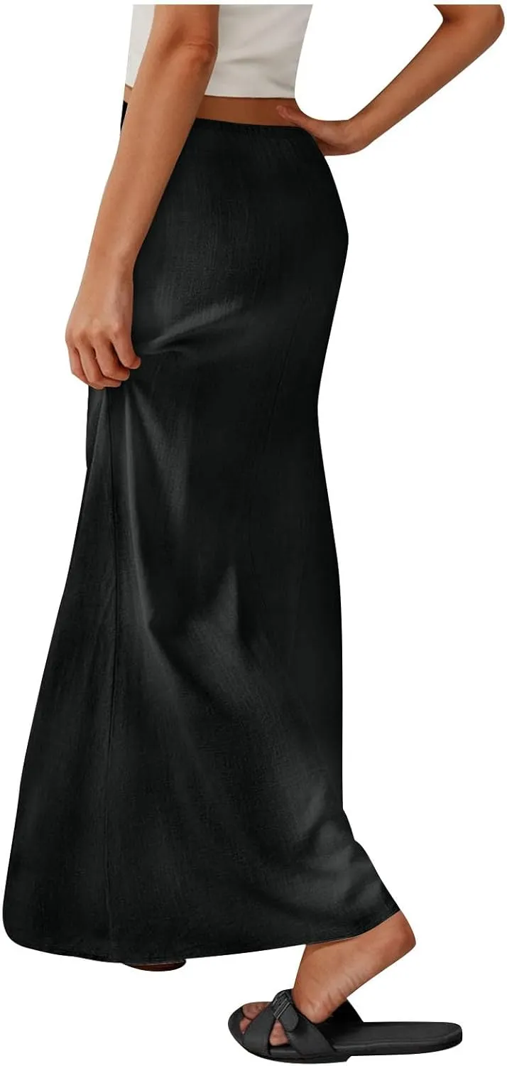 for Women Linen Maxi Long Midi Knee High Slim Tunic Boho Ruched Low Rise Basic Skirts Women 2025