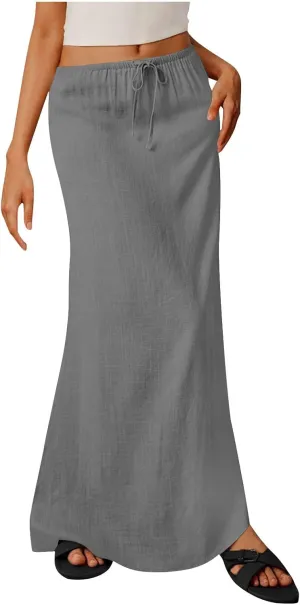 for Women Linen Maxi Long Midi Knee High Slim Tunic Boho Ruched Low Rise Basic Skirts Women 2025