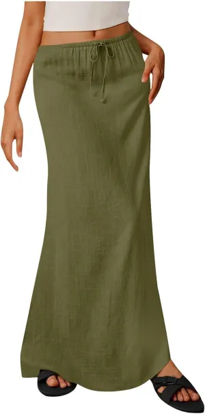for Women Linen Maxi Long Midi Knee High Slim Tunic Boho Ruched Low Rise Basic Skirts Women 2025