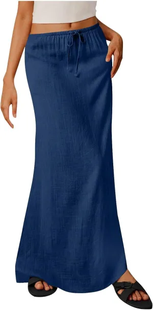for Women Linen Maxi Long Midi Knee High Slim Tunic Boho Ruched Low Rise Basic Skirts Women 2025
