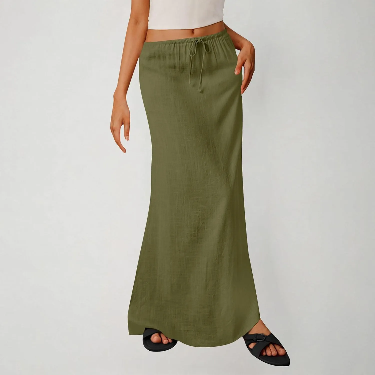 for Women Linen Maxi Long Midi Knee High Slim Tunic Boho Ruched Low Rise Basic Skirts Women 2025