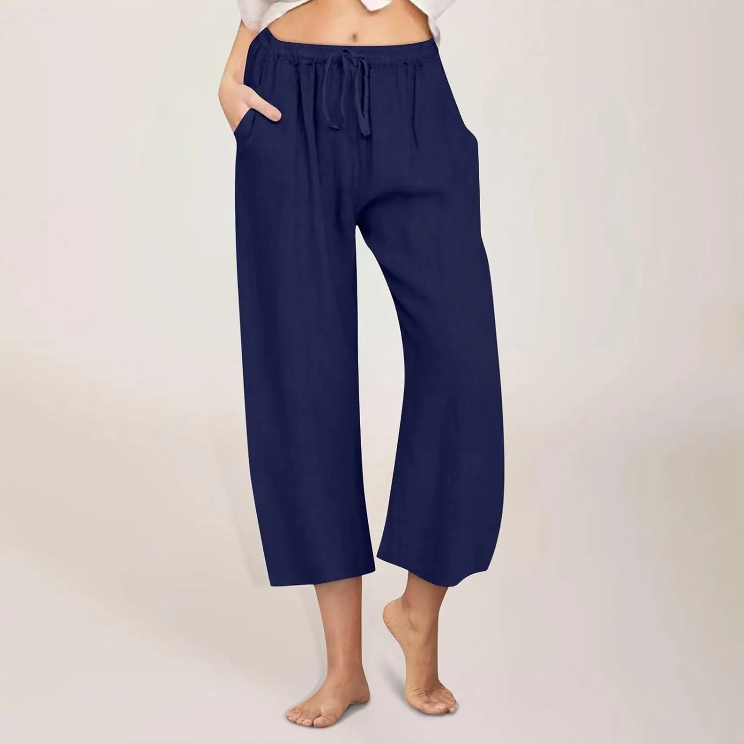 FZYLQY Cotton Linen Capri Pants for Women 2025 Cropped Lounge Wide Leg Trousers Drawstring Elastic Waist Summer Beach Pants