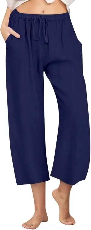 FZYLQY Cotton Linen Capri Pants for Women 2025 Cropped Lounge Wide Leg Trousers Drawstring Elastic Waist Summer Beach Pants