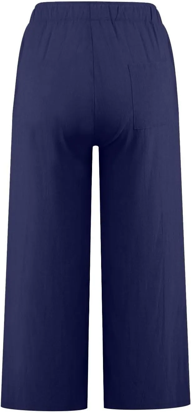 FZYLQY Cotton Linen Capri Pants for Women 2025 Cropped Lounge Wide Leg Trousers Drawstring Elastic Waist Summer Beach Pants