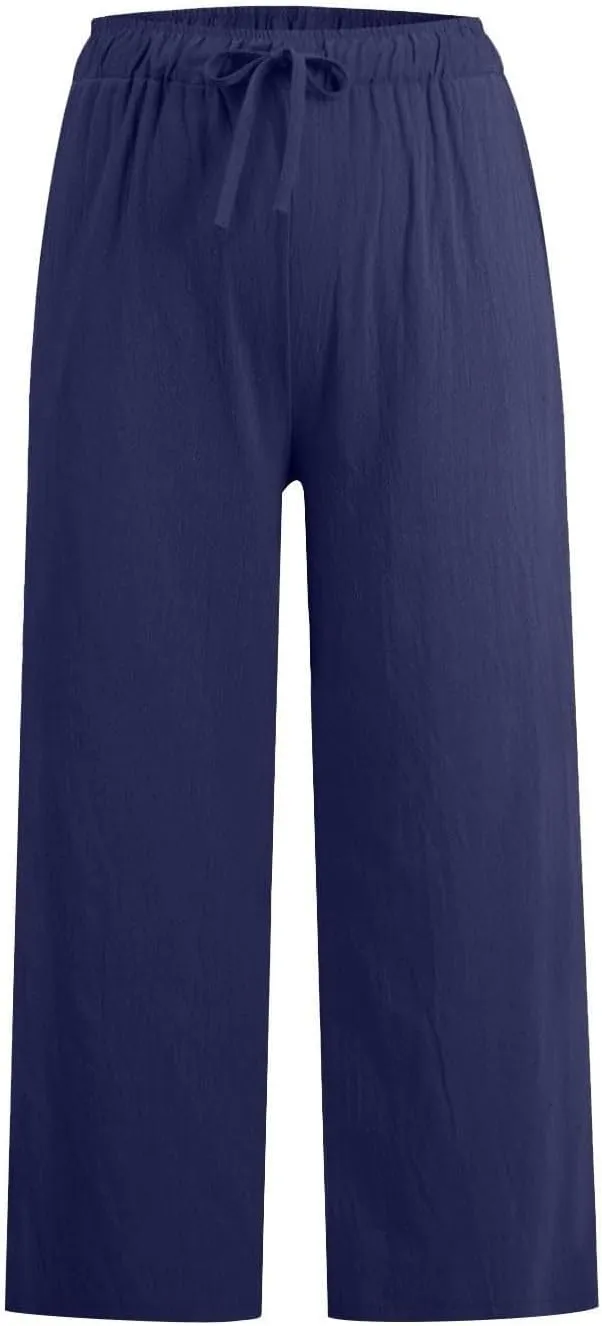 FZYLQY Cotton Linen Capri Pants for Women 2025 Cropped Lounge Wide Leg Trousers Drawstring Elastic Waist Summer Beach Pants