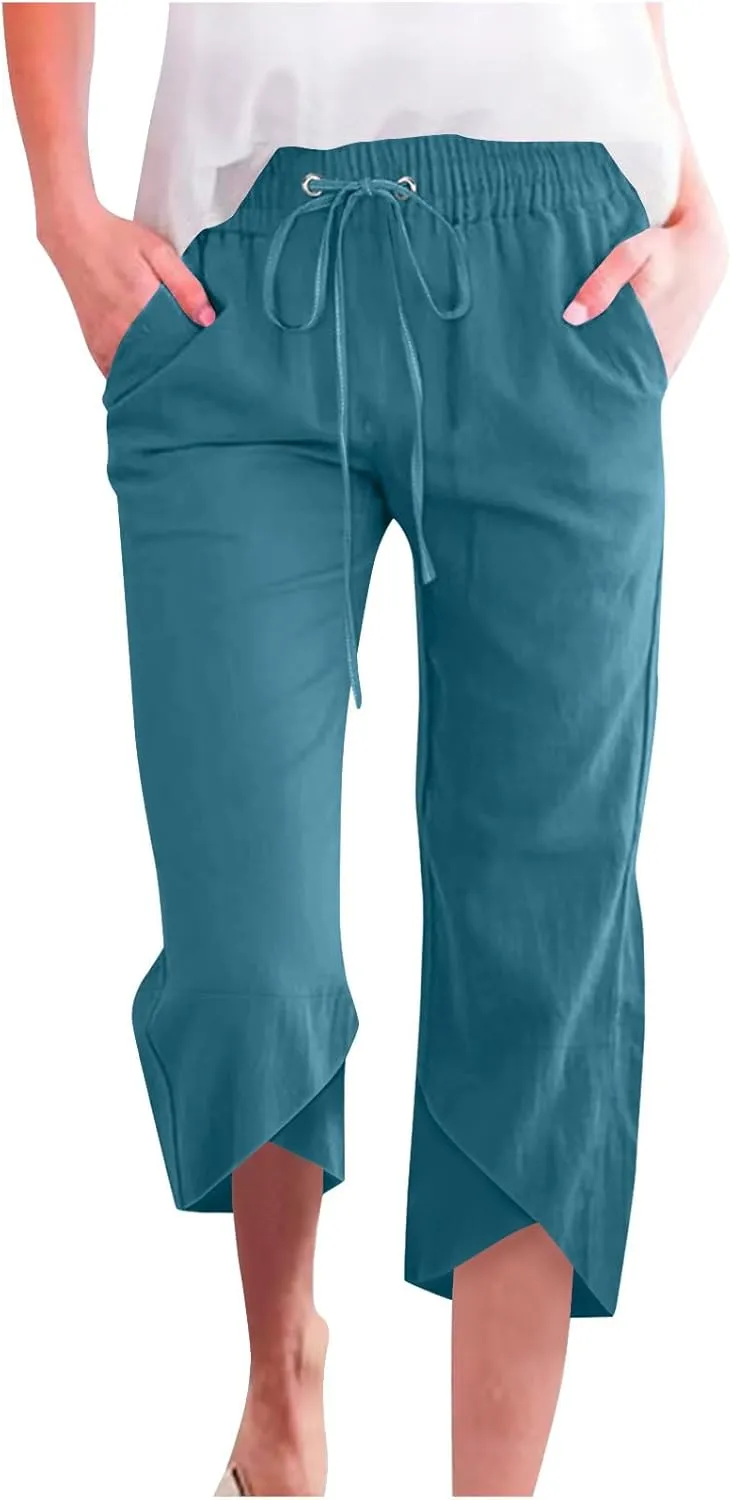 FZYLQY Cotton Linen Pants for Womens 2025 Summer Elastic Waist Solid Capris Pants Straight Wide Leg Cropped Trousers