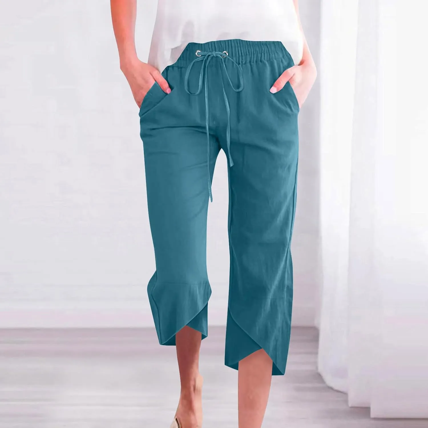 FZYLQY Cotton Linen Pants for Womens 2025 Summer Elastic Waist Solid Capris Pants Straight Wide Leg Cropped Trousers