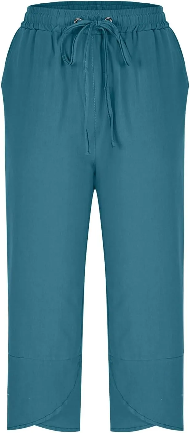 FZYLQY Cotton Linen Pants for Womens 2025 Summer Elastic Waist Solid Capris Pants Straight Wide Leg Cropped Trousers