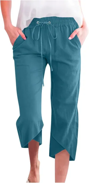 FZYLQY Cotton Linen Pants for Womens 2025 Summer Elastic Waist Solid Capris Pants Straight Wide Leg Cropped Trousers