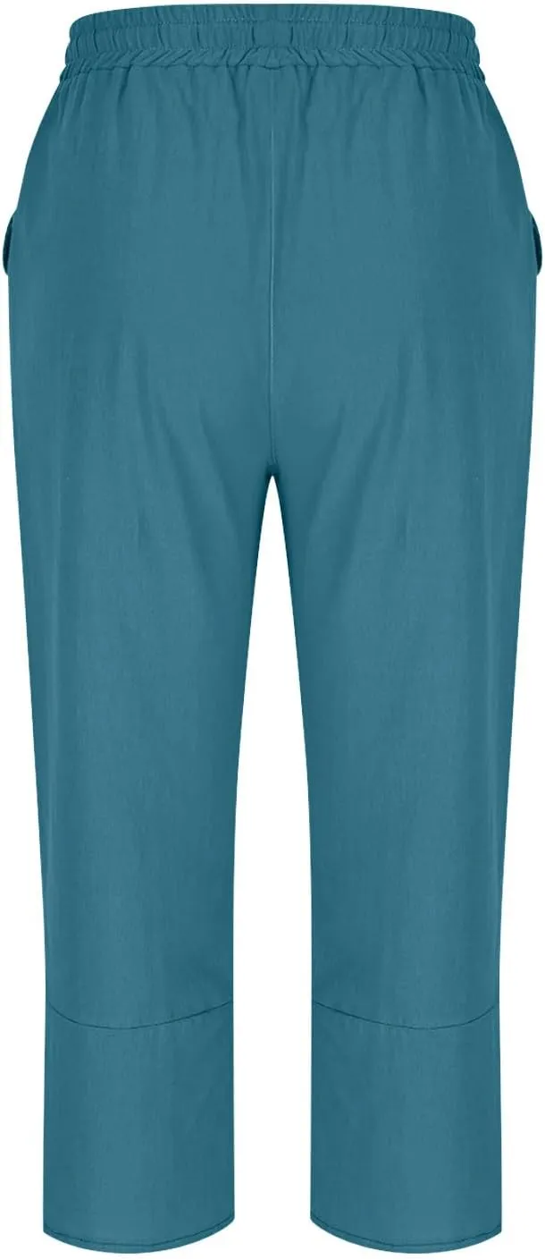 FZYLQY Cotton Linen Pants for Womens 2025 Summer Elastic Waist Solid Capris Pants Straight Wide Leg Cropped Trousers
