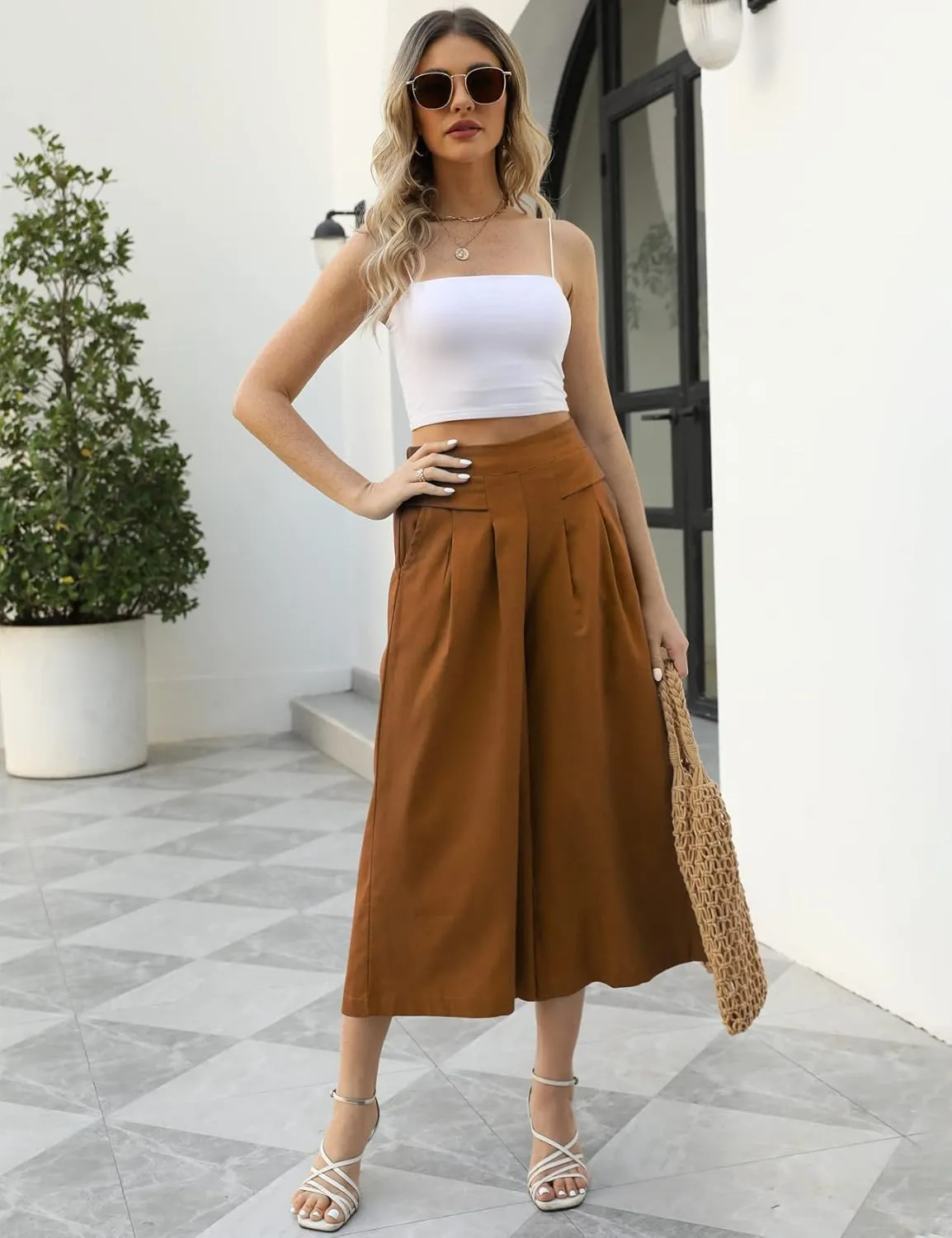 Gihuo Women' s Culottes Linen Blend Wide Leg Pants Elastic Waist Casual Palazzo Trousers with Pockets Capris